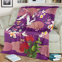 Hawaiian and Japanese Culture Together Blanket Purple Ohia Lehua Plumeria and Sakura Blooming - Polynesian Pride