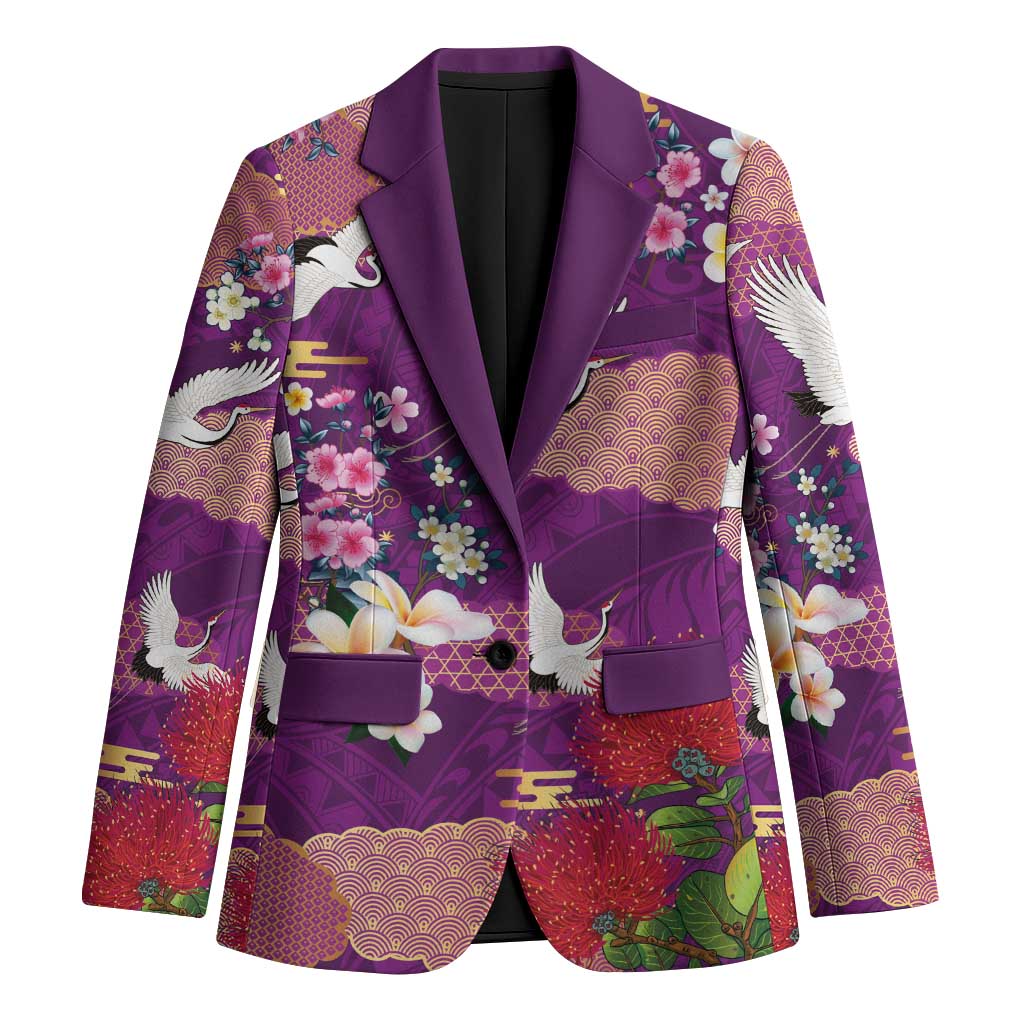 Hawaiian and Japanese Culture Together Blazer Purple Ohia Lehua Plumeria and Sakura Blooming - Polynesian Pride