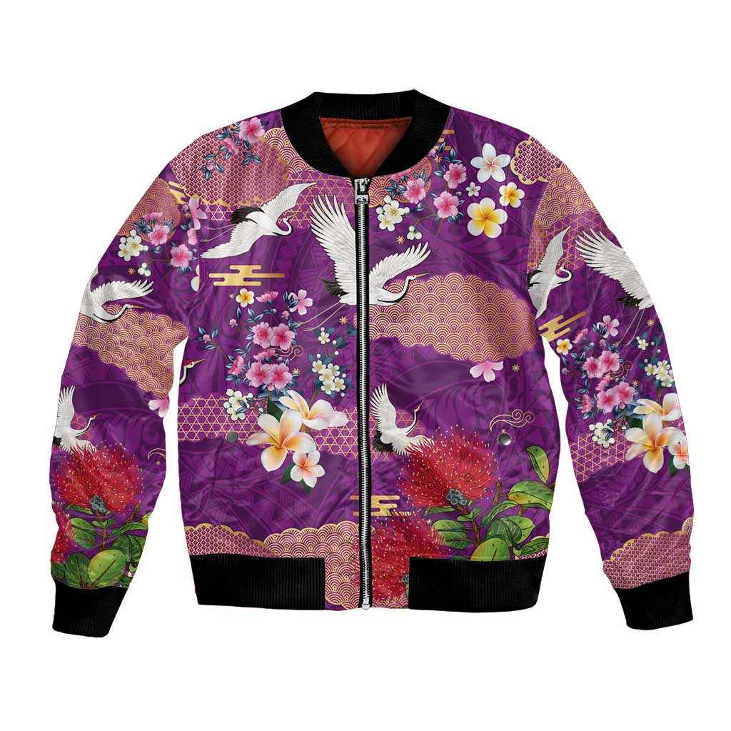 Hawaiian and Japanese Culture Together Bomber Jacket Purple Ohia Lehua Plumeria and Sakura Blooming - Polynesian Pride
