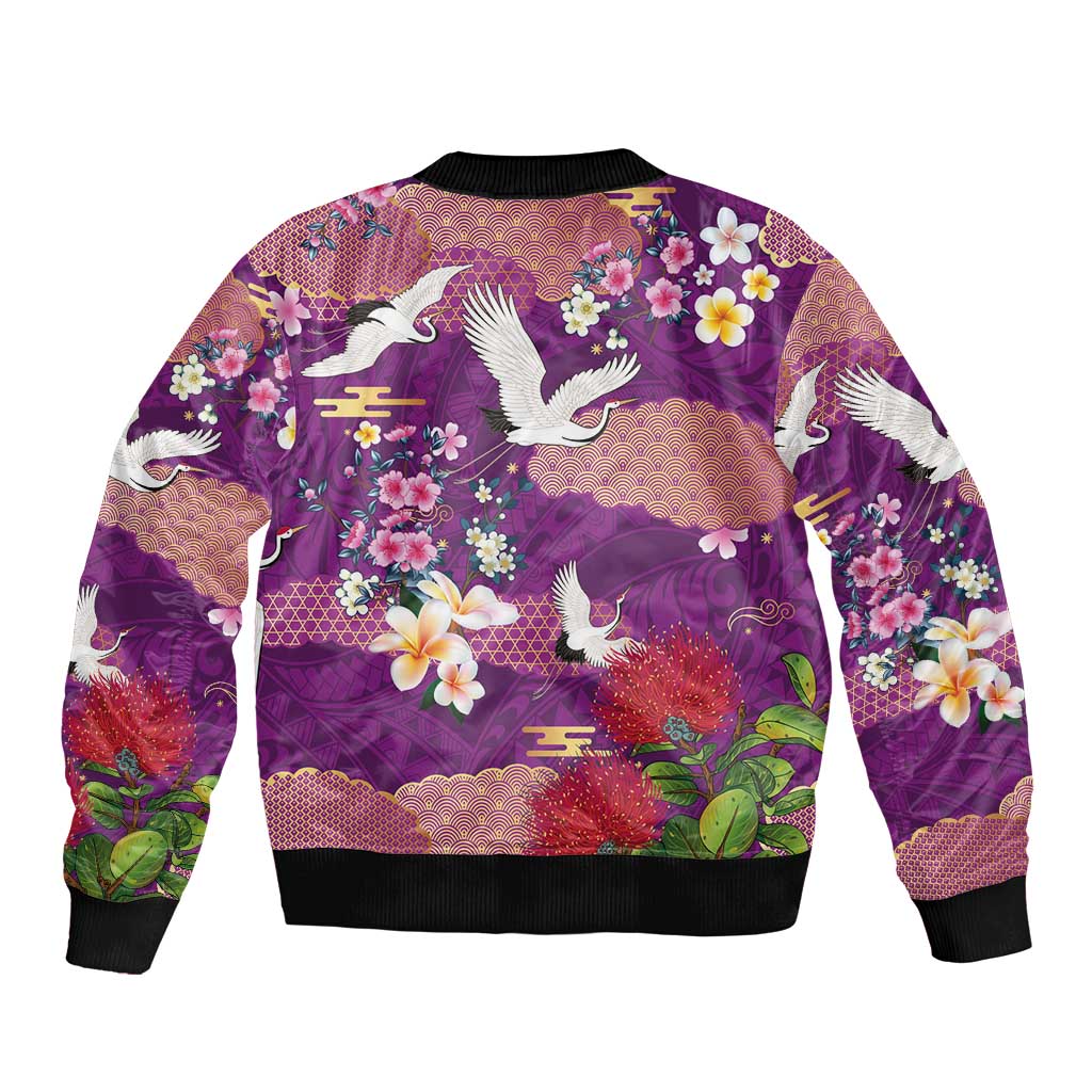 Hawaiian and Japanese Culture Together Bomber Jacket Purple Ohia Lehua Plumeria and Sakura Blooming - Polynesian Pride