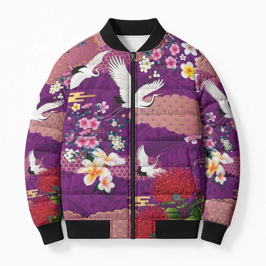Hawaiian and Japanese Culture Together Bomber Puffer Jacket Purple Ohia Lehua Plumeria and Sakura Blooming - Polynesian Pride