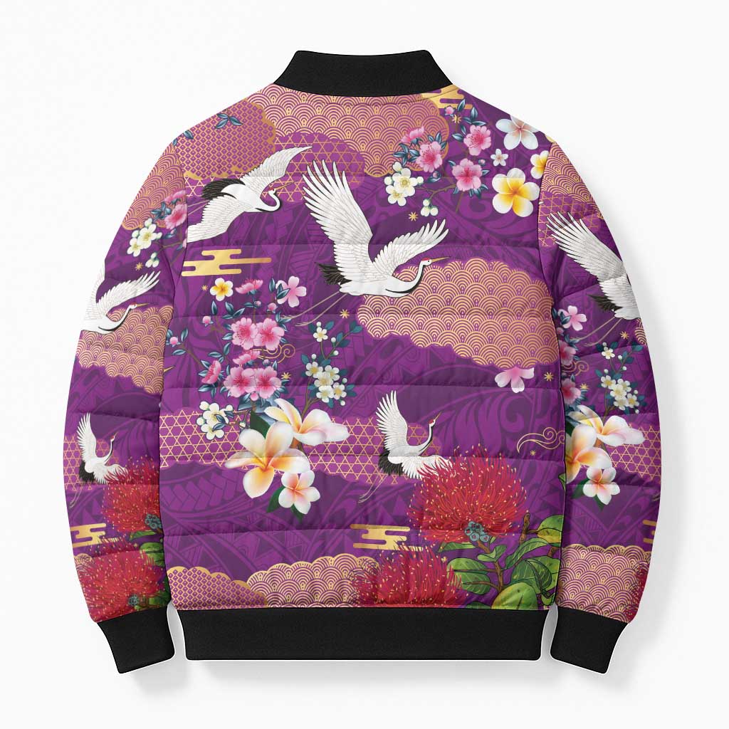 Hawaiian and Japanese Culture Together Bomber Puffer Jacket Purple Ohia Lehua Plumeria and Sakura Blooming - Polynesian Pride