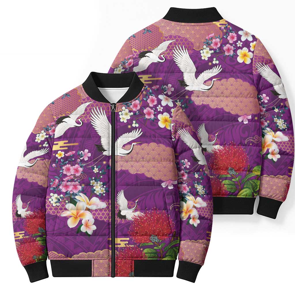 Hawaiian and Japanese Culture Together Bomber Puffer Jacket Purple Ohia Lehua Plumeria and Sakura Blooming - Polynesian Pride