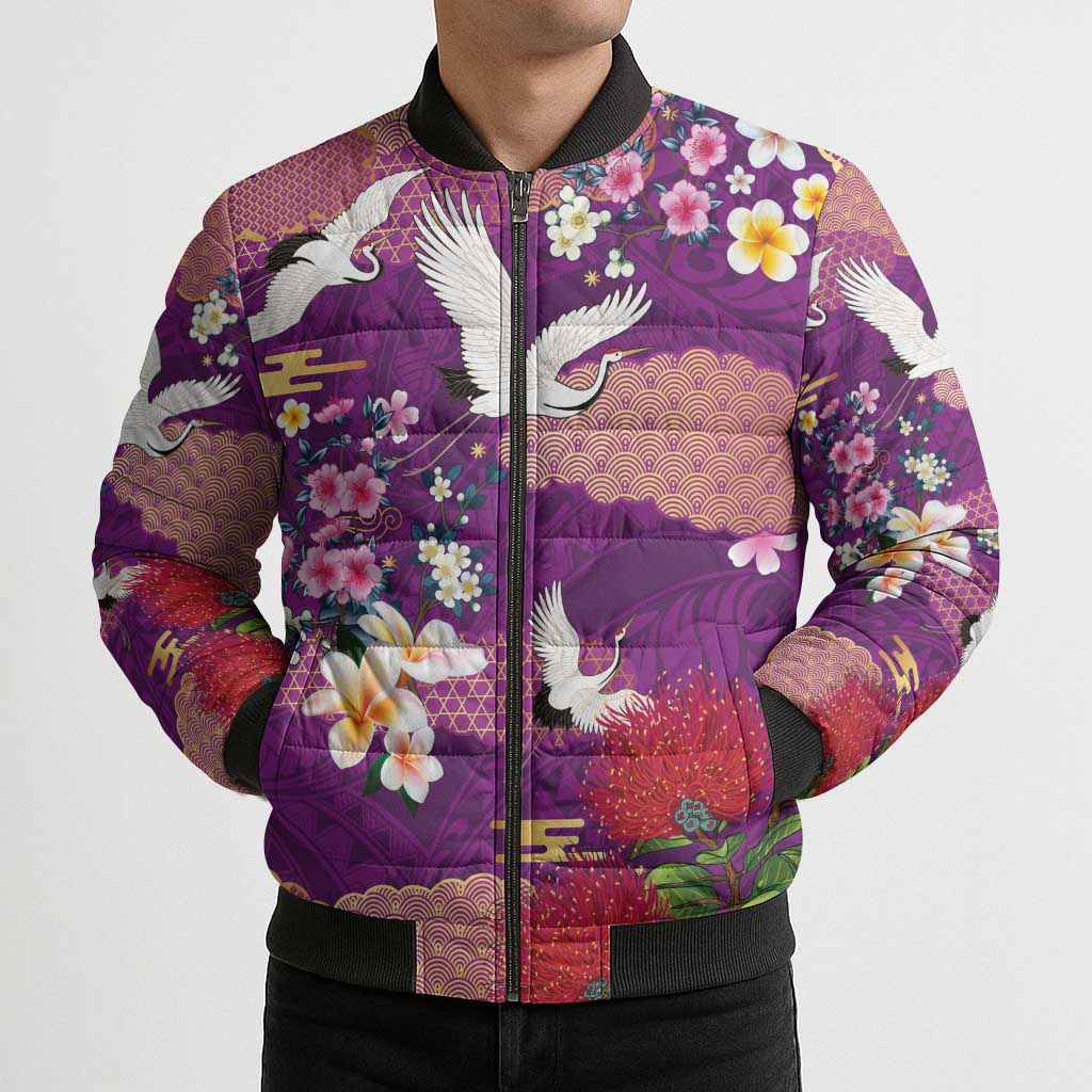 Hawaiian and Japanese Culture Together Bomber Puffer Jacket Purple Ohia Lehua Plumeria and Sakura Blooming - Polynesian Pride