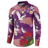 Hawaiian and Japanese Culture Together Button Sweatshirt Purple Ohia Lehua Plumeria and Sakura Blooming - Polynesian Pride