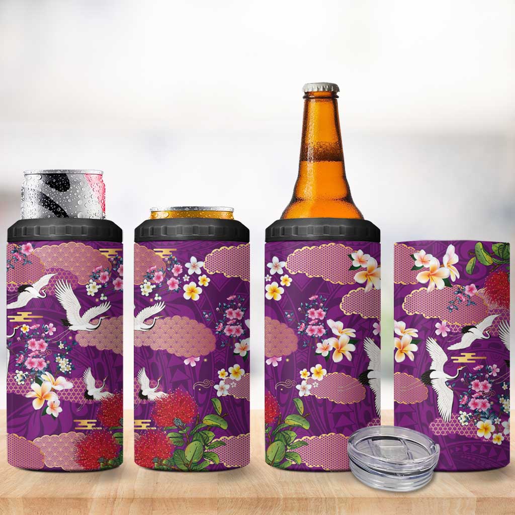 Hawaiian and Japanese Culture Together 4 in 1 Can Cooler Tumbler Purple Ohia Lehua Plumeria and Sakura Blooming - Polynesian Pride