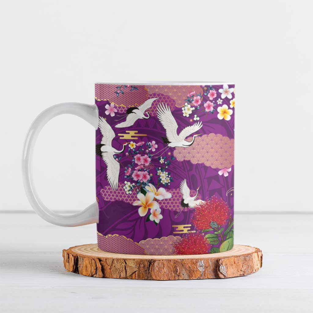 Hawaiian and Japanese Culture Together Ceramic Mug Purple Ohia Lehua Plumeria and Sakura Blooming - Polynesian Pride