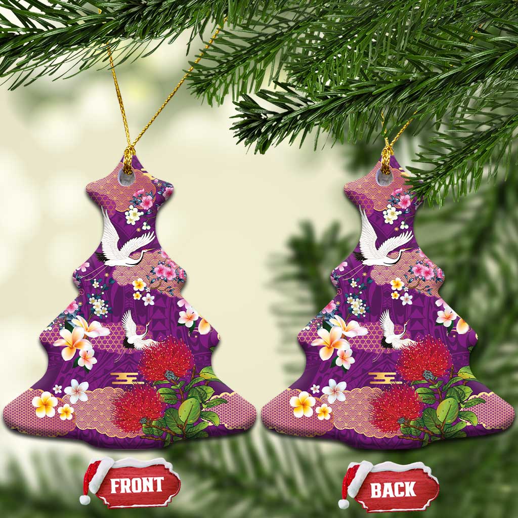 Hawaiian and Japanese Culture Together Ceramic Ornament Purple Ohia Lehua Plumeria and Sakura Blooming - Polynesian Pride