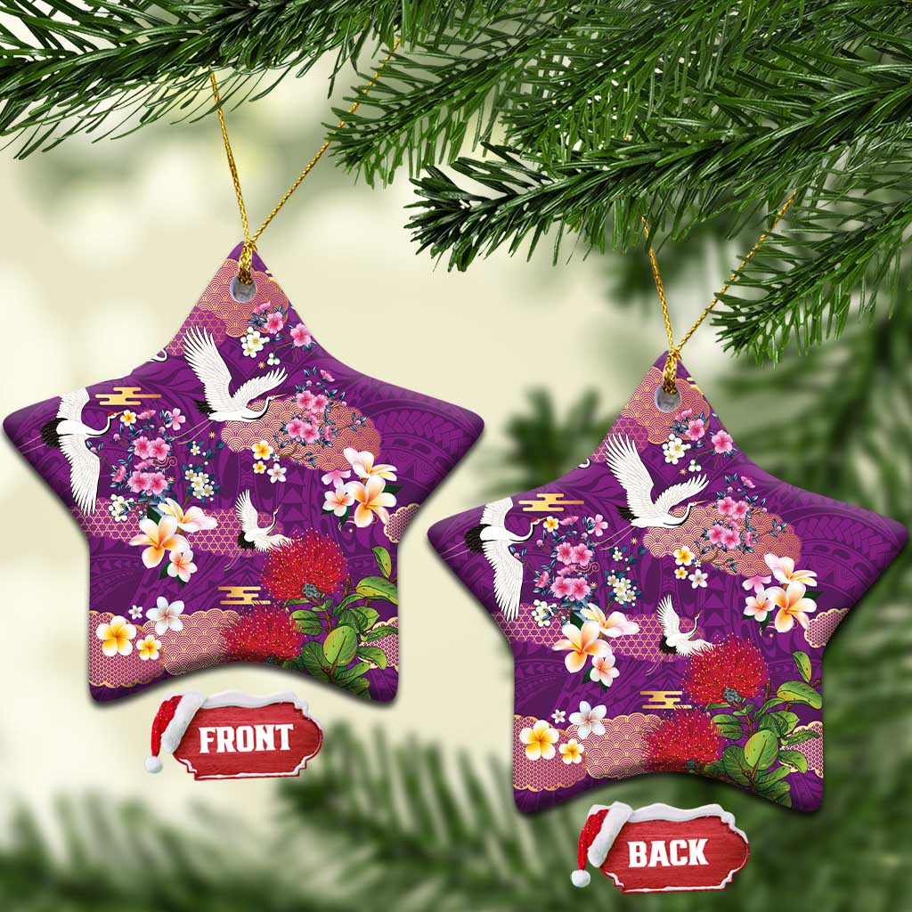 Hawaiian and Japanese Culture Together Ceramic Ornament Purple Ohia Lehua Plumeria and Sakura Blooming - Polynesian Pride