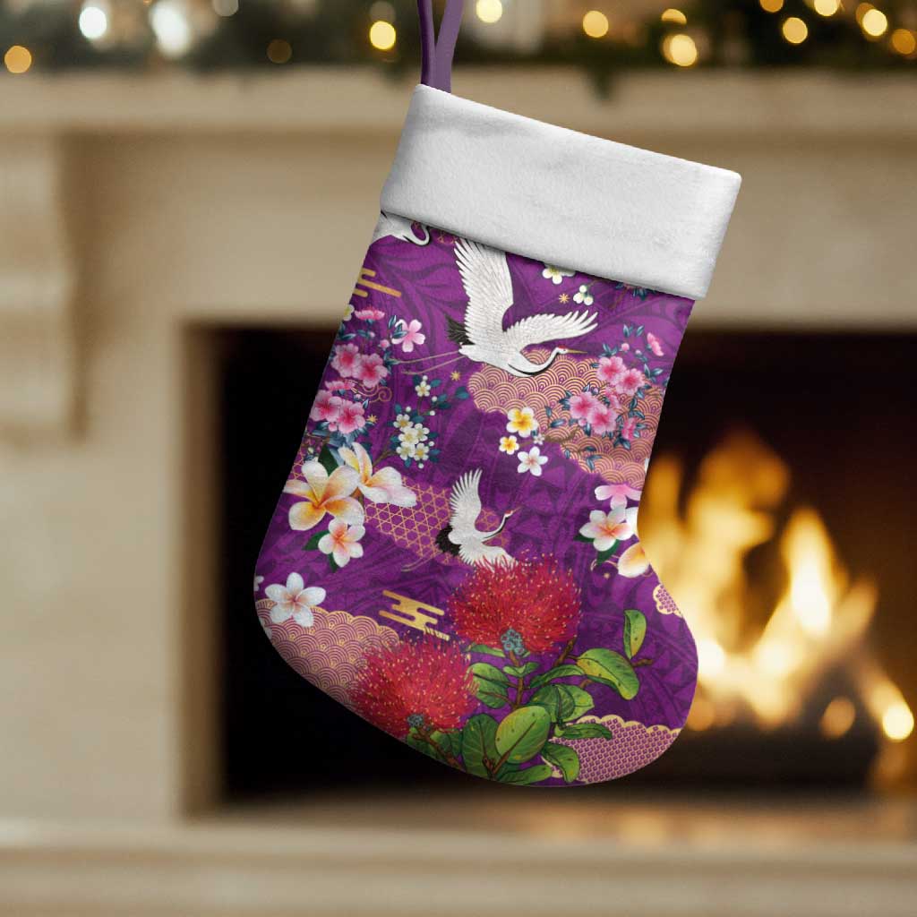 Hawaiian and Japanese Culture Together Christmas Stocking Purple Ohia Lehua Plumeria and Sakura Blooming - Polynesian Pride