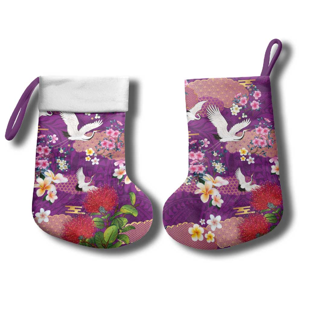 Hawaiian and Japanese Culture Together Christmas Stocking Purple Ohia Lehua Plumeria and Sakura Blooming - Polynesian Pride