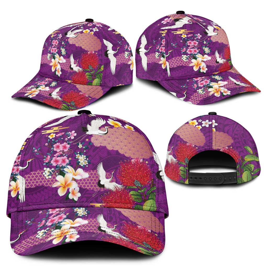 Hawaiian and Japanese Culture Together Classic Cap Purple Ohia Lehua Plumeria and Sakura Blooming - Polynesian Pride