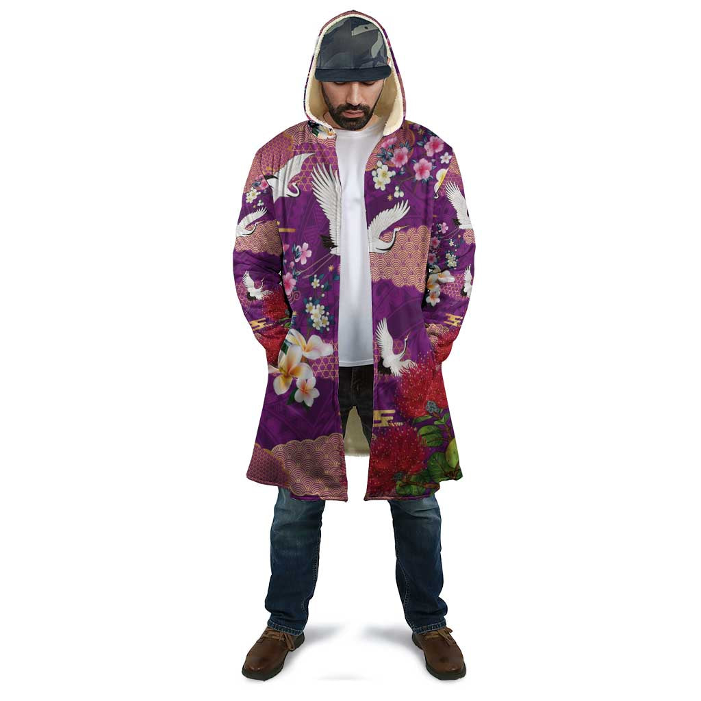 Hawaiian and Japanese Culture Together Cloak Purple Ohia Lehua Plumeria and Sakura Blooming - Polynesian Pride