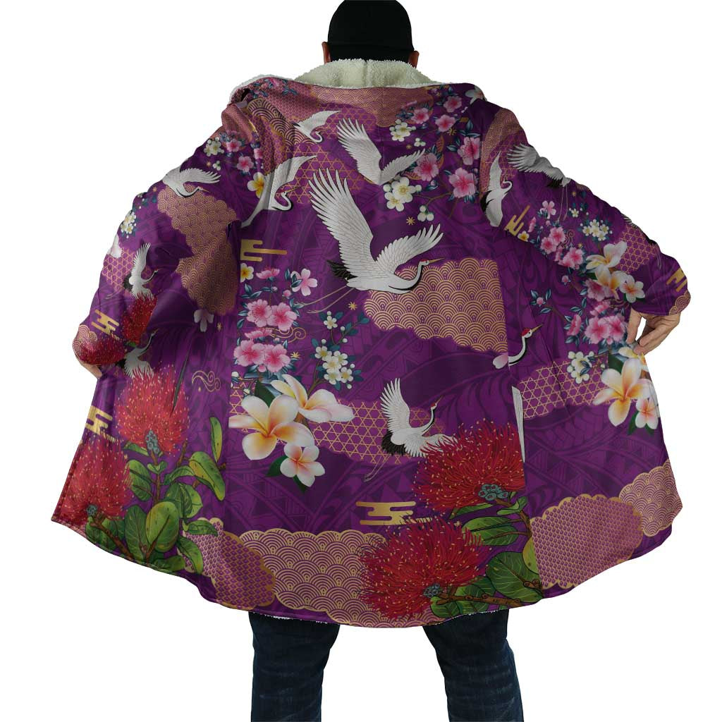 Hawaiian and Japanese Culture Together Cloak Purple Ohia Lehua Plumeria and Sakura Blooming - Polynesian Pride