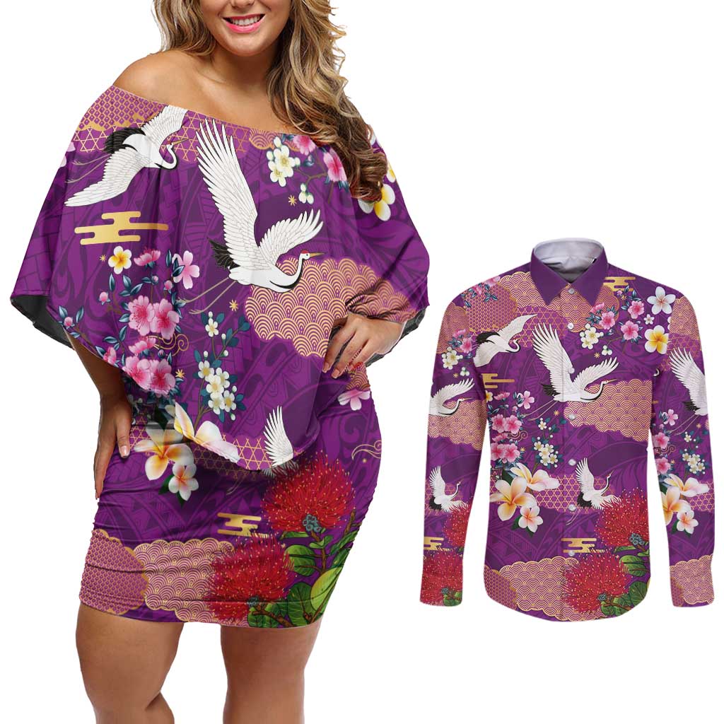 Hawaiian and Japanese Culture Together Couples Matching Off Shoulder Short Dress and Long Sleeve Button Shirt Purple Ohia Lehua Plumeria and Sakura Blooming - Polynesian Pride