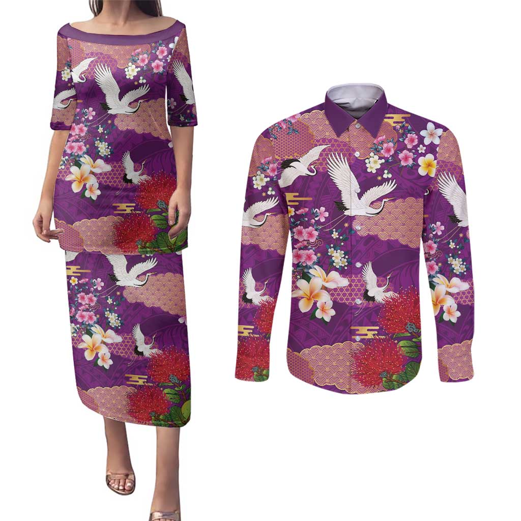 Hawaiian and Japanese Culture Together Couples Matching Puletasi and Long Sleeve Button Shirt Purple Ohia Lehua Plumeria and Sakura Blooming - Polynesian Pride