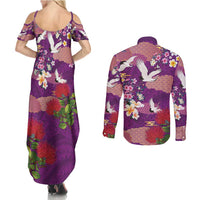 Hawaiian and Japanese Culture Together Couples Matching Summer Maxi Dress and Long Sleeve Button Shirt Purple Ohia Lehua Plumeria and Sakura Blooming - Polynesian Pride