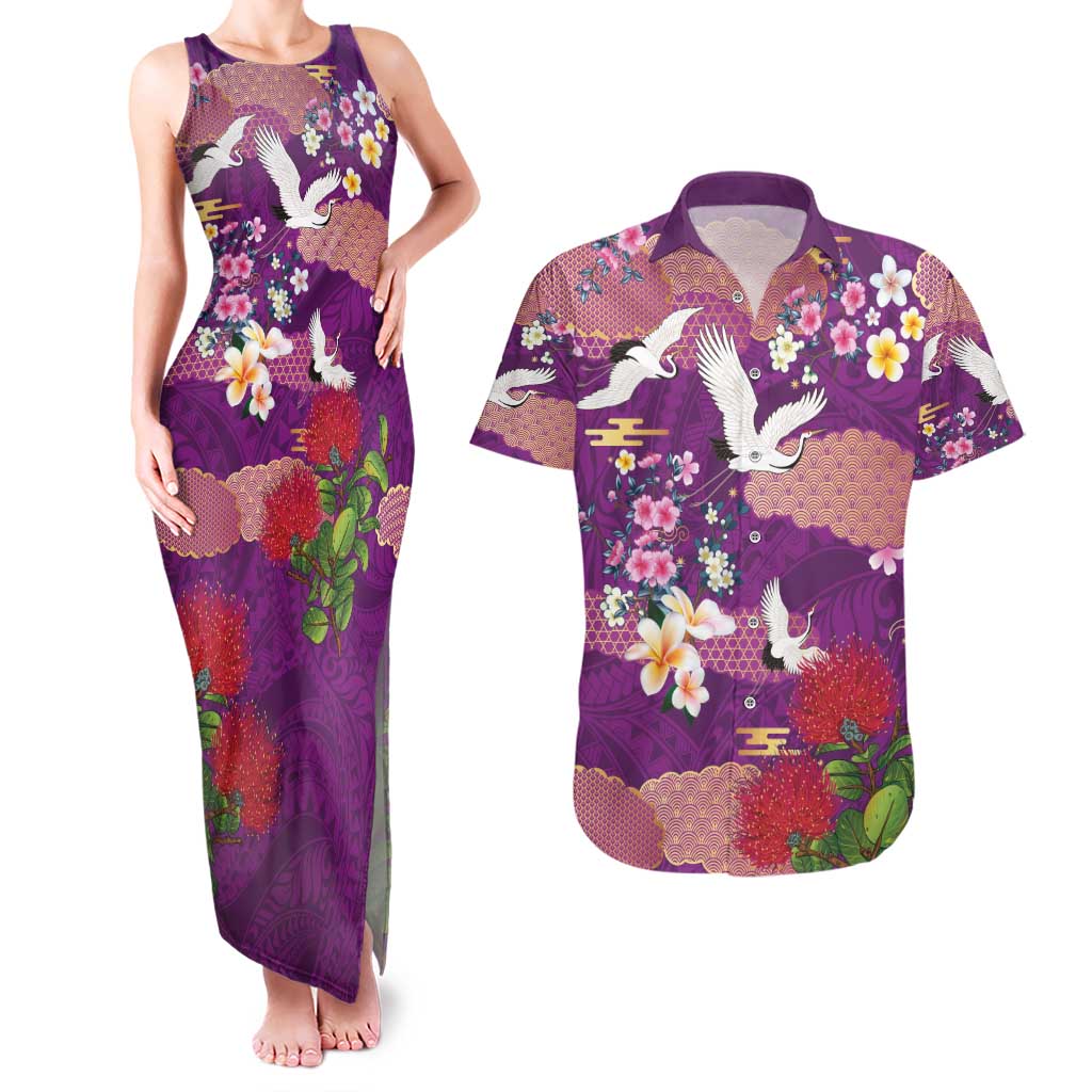 Hawaiian and Japanese Culture Together Couples Matching Tank Maxi Dress and Hawaiian Shirt Purple Ohia Lehua Plumeria and Sakura Blooming - Polynesian Pride