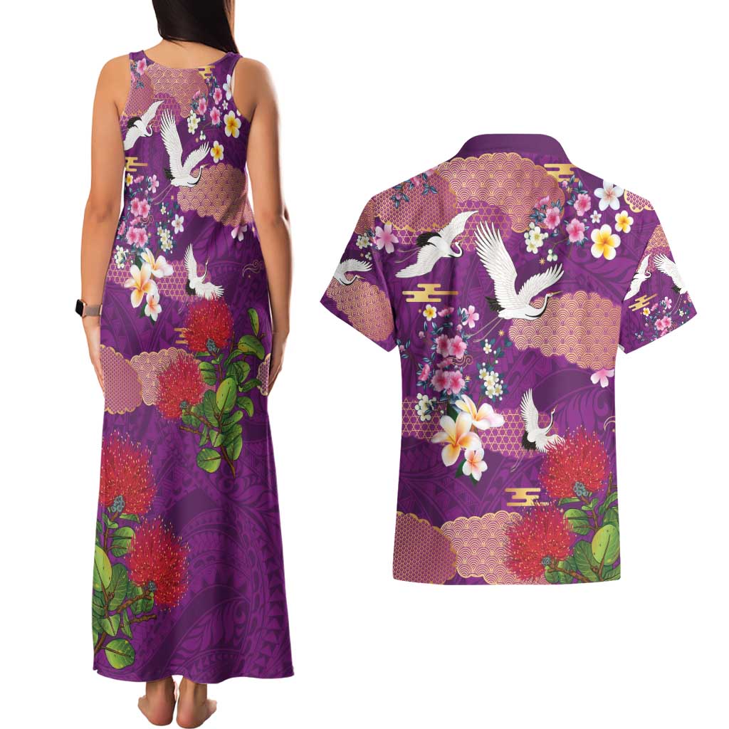 Hawaiian and Japanese Culture Together Couples Matching Tank Maxi Dress and Hawaiian Shirt Purple Ohia Lehua Plumeria and Sakura Blooming - Polynesian Pride