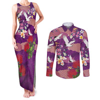 Hawaiian and Japanese Culture Together Couples Matching Tank Maxi Dress and Long Sleeve Button Shirt Purple Ohia Lehua Plumeria and Sakura Blooming - Polynesian Pride