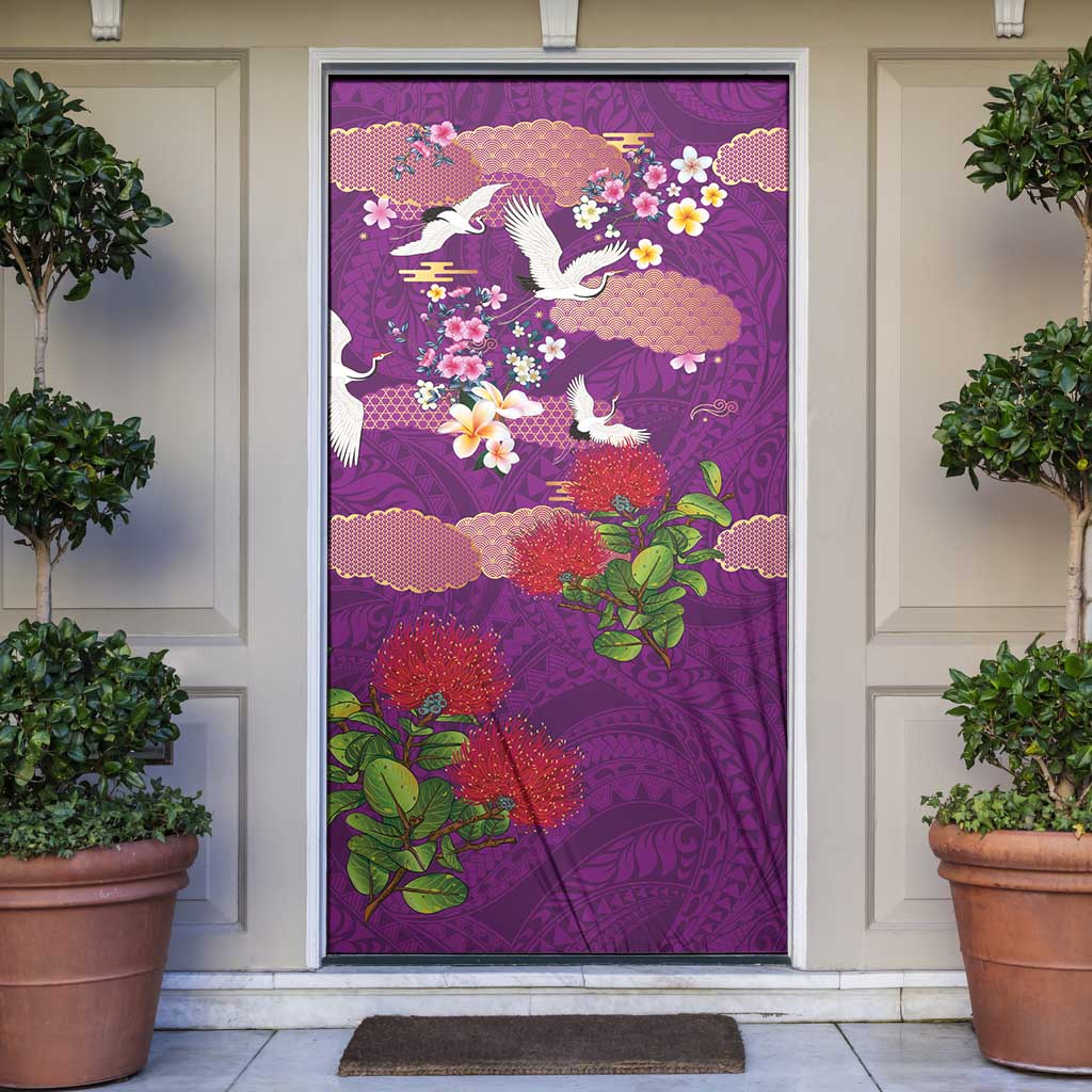 Hawaiian and Japanese Culture Together Door Cover Purple Ohia Lehua Plumeria and Sakura Blooming - Polynesian Pride