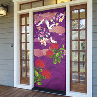 Hawaiian and Japanese Culture Together Door Cover Purple Ohia Lehua Plumeria and Sakura Blooming - Polynesian Pride