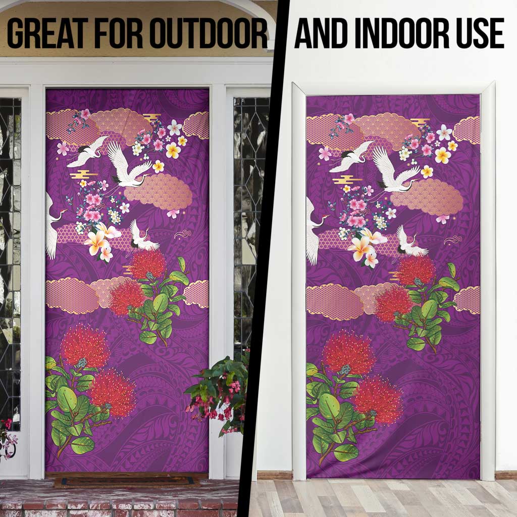 Hawaiian and Japanese Culture Together Door Cover Purple Ohia Lehua Plumeria and Sakura Blooming - Polynesian Pride