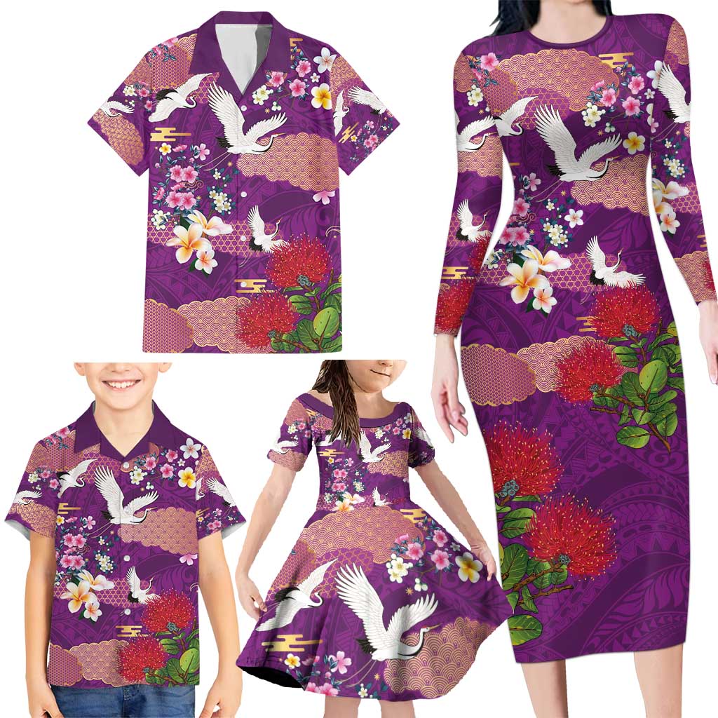 Hawaiian and Japanese Culture Together Family Matching Long Sleeve Bodycon Dress and Hawaiian Shirt Purple Ohia Lehua Plumeria and Sakura Blooming - Polynesian Pride