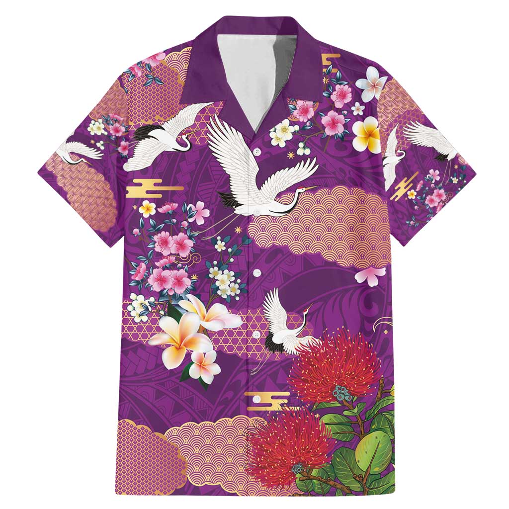 Hawaiian and Japanese Culture Together Family Matching Mermaid Dress and Hawaiian Shirt Purple Ohia Lehua Plumeria and Sakura Blooming - Polynesian Pride