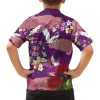 Hawaiian and Japanese Culture Together Family Matching Off The Shoulder Long Sleeve Dress and Hawaiian Shirt Purple Ohia Lehua Plumeria and Sakura Blooming - Polynesian Pride