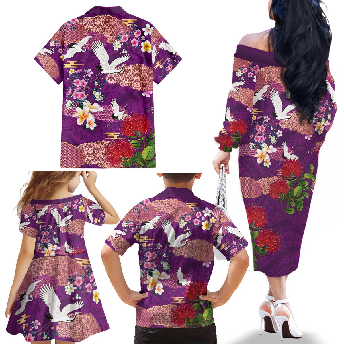 Hawaiian and Japanese Culture Together Family Matching Off The Shoulder Long Sleeve Dress and Hawaiian Shirt Purple Ohia Lehua Plumeria and Sakura Blooming - Polynesian Pride