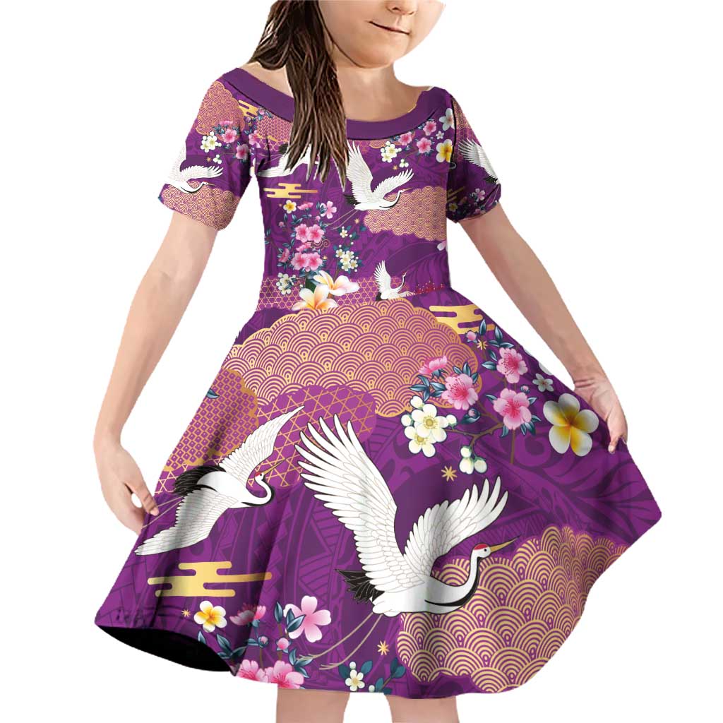 Hawaiian and Japanese Culture Together Family Matching Off Shoulder Short Dress and Hawaiian Shirt Purple Ohia Lehua Plumeria and Sakura Blooming - Polynesian Pride