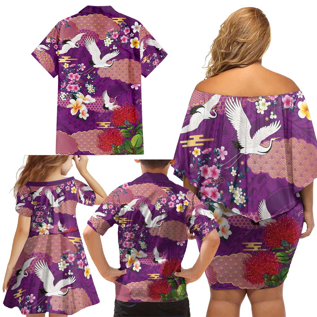 Hawaiian and Japanese Culture Together Family Matching Off Shoulder Short Dress and Hawaiian Shirt Purple Ohia Lehua Plumeria and Sakura Blooming - Polynesian Pride
