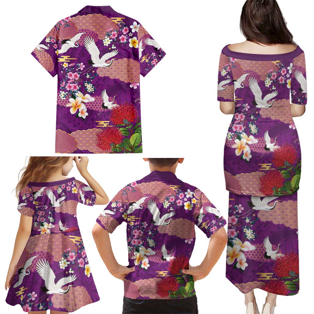 Hawaiian and Japanese Culture Together Family Matching Puletasi and Hawaiian Shirt Purple Ohia Lehua Plumeria and Sakura Blooming - Polynesian Pride