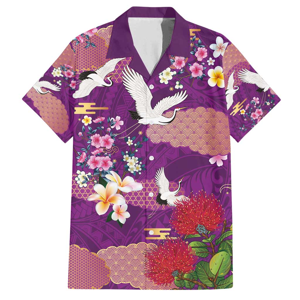 Hawaiian and Japanese Culture Together Family Matching Puletasi and Hawaiian Shirt Purple Ohia Lehua Plumeria and Sakura Blooming - Polynesian Pride