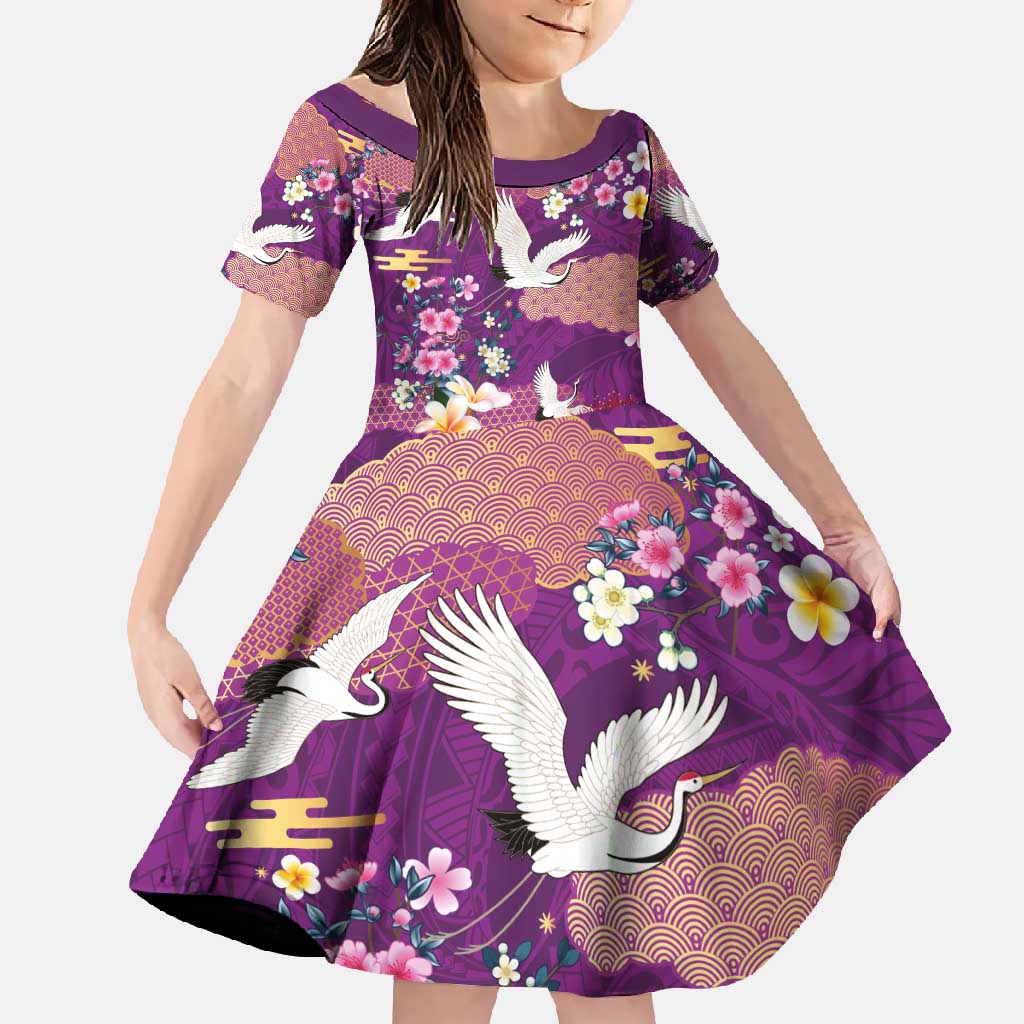 Hawaiian and Japanese Culture Together Family Matching Short Sleeve Bodycon Dress and Hawaiian Shirt Purple Ohia Lehua Plumeria and Sakura Blooming - Polynesian Pride
