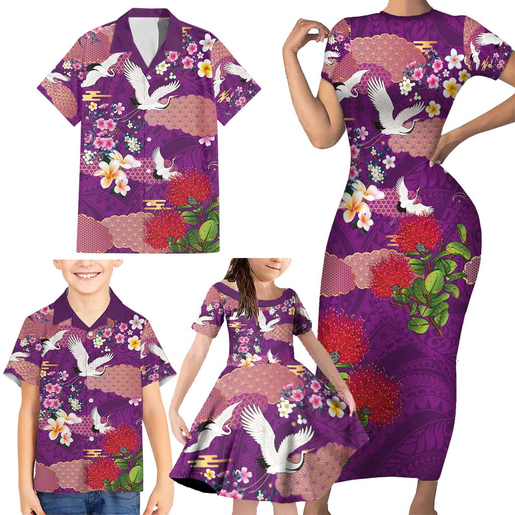 Hawaiian and Japanese Culture Together Family Matching Short Sleeve Bodycon Dress and Hawaiian Shirt Purple Ohia Lehua Plumeria and Sakura Blooming - Polynesian Pride