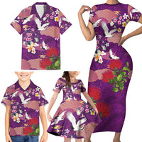 Hawaiian and Japanese Culture Together Family Matching Short Sleeve Bodycon Dress and Hawaiian Shirt Purple Ohia Lehua Plumeria and Sakura Blooming - Polynesian Pride