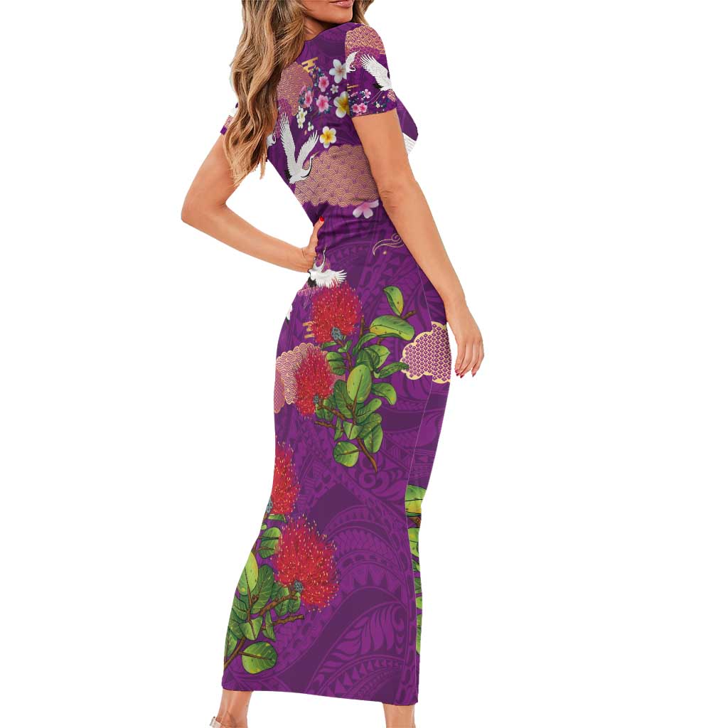 Hawaiian and Japanese Culture Together Family Matching Short Sleeve Bodycon Dress and Hawaiian Shirt Purple Ohia Lehua Plumeria and Sakura Blooming - Polynesian Pride