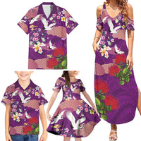 Hawaiian and Japanese Culture Together Family Matching Summer Maxi Dress and Hawaiian Shirt Purple Ohia Lehua Plumeria and Sakura Blooming - Polynesian Pride