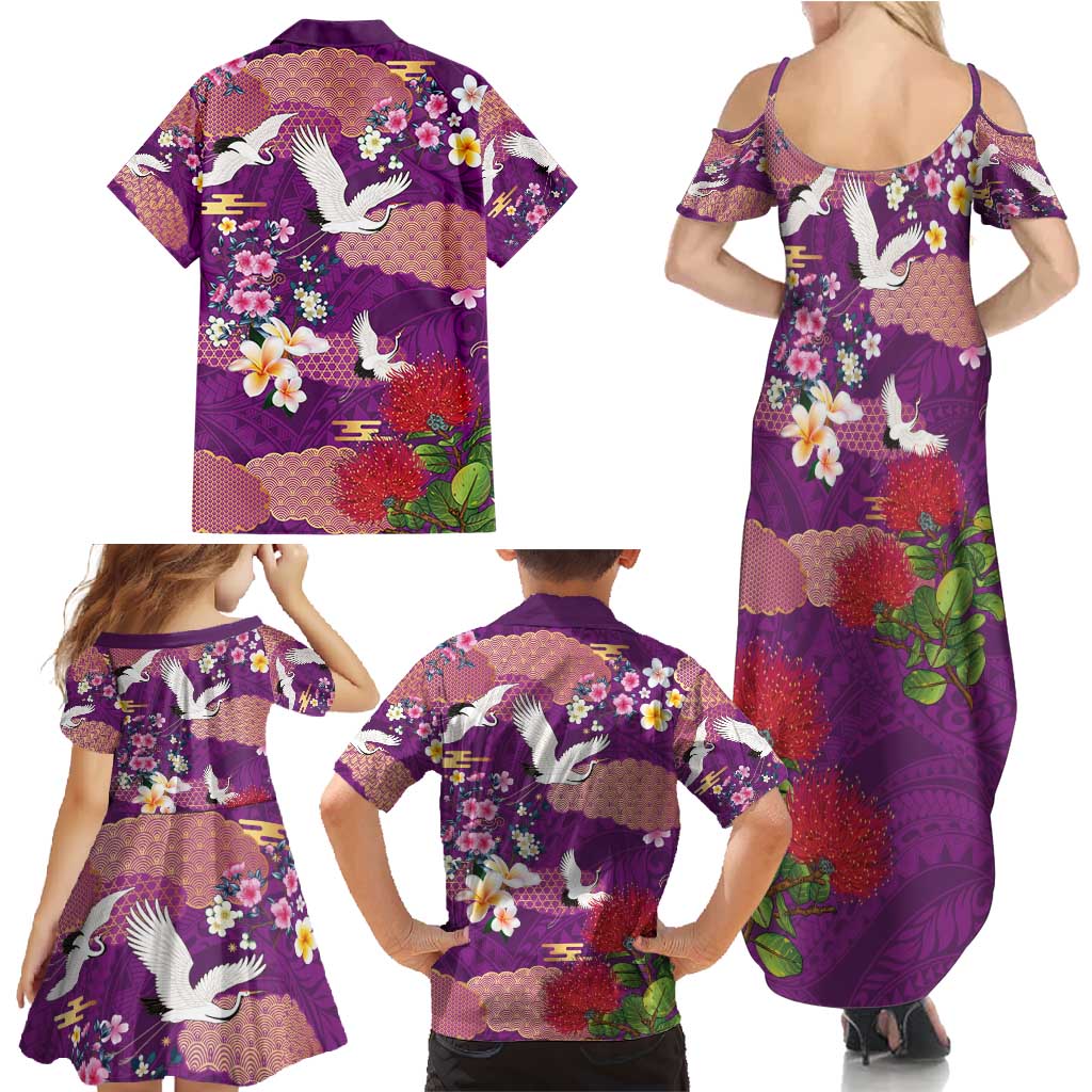 Hawaiian and Japanese Culture Together Family Matching Summer Maxi Dress and Hawaiian Shirt Purple Ohia Lehua Plumeria and Sakura Blooming - Polynesian Pride