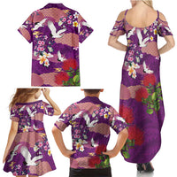Hawaiian and Japanese Culture Together Family Matching Summer Maxi Dress and Hawaiian Shirt Purple Ohia Lehua Plumeria and Sakura Blooming - Polynesian Pride