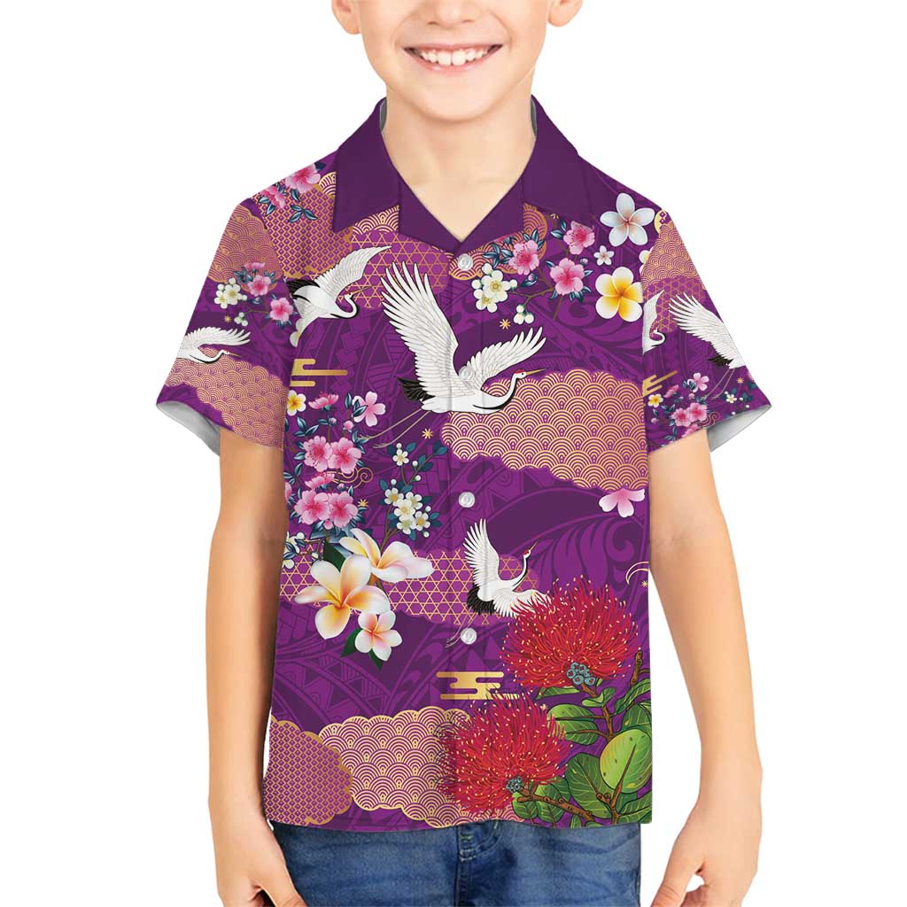 Hawaiian and Japanese Culture Together Family Matching Summer Maxi Dress and Hawaiian Shirt Purple Ohia Lehua Plumeria and Sakura Blooming - Polynesian Pride