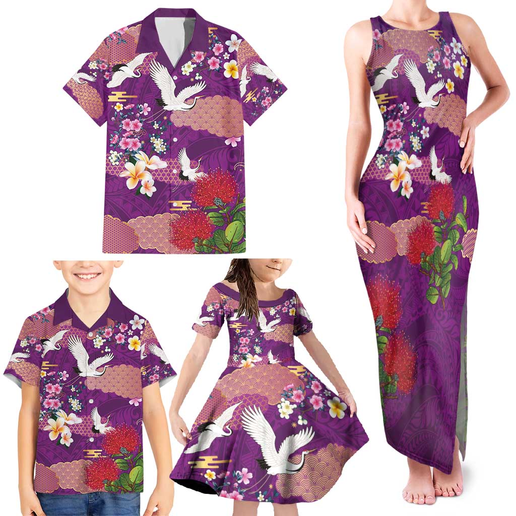 Hawaiian and Japanese Culture Together Family Matching Tank Maxi Dress and Hawaiian Shirt Purple Ohia Lehua Plumeria and Sakura Blooming - Polynesian Pride