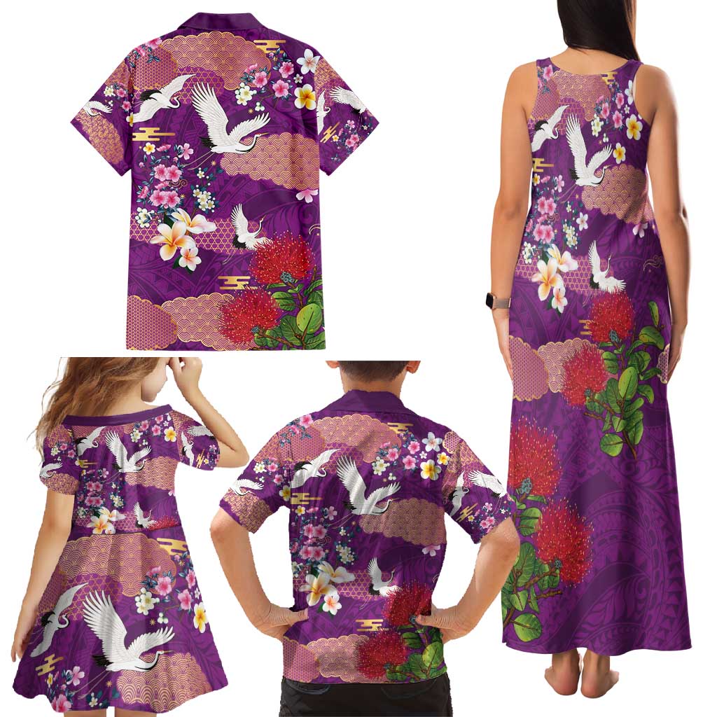 Hawaiian and Japanese Culture Together Family Matching Tank Maxi Dress and Hawaiian Shirt Purple Ohia Lehua Plumeria and Sakura Blooming - Polynesian Pride