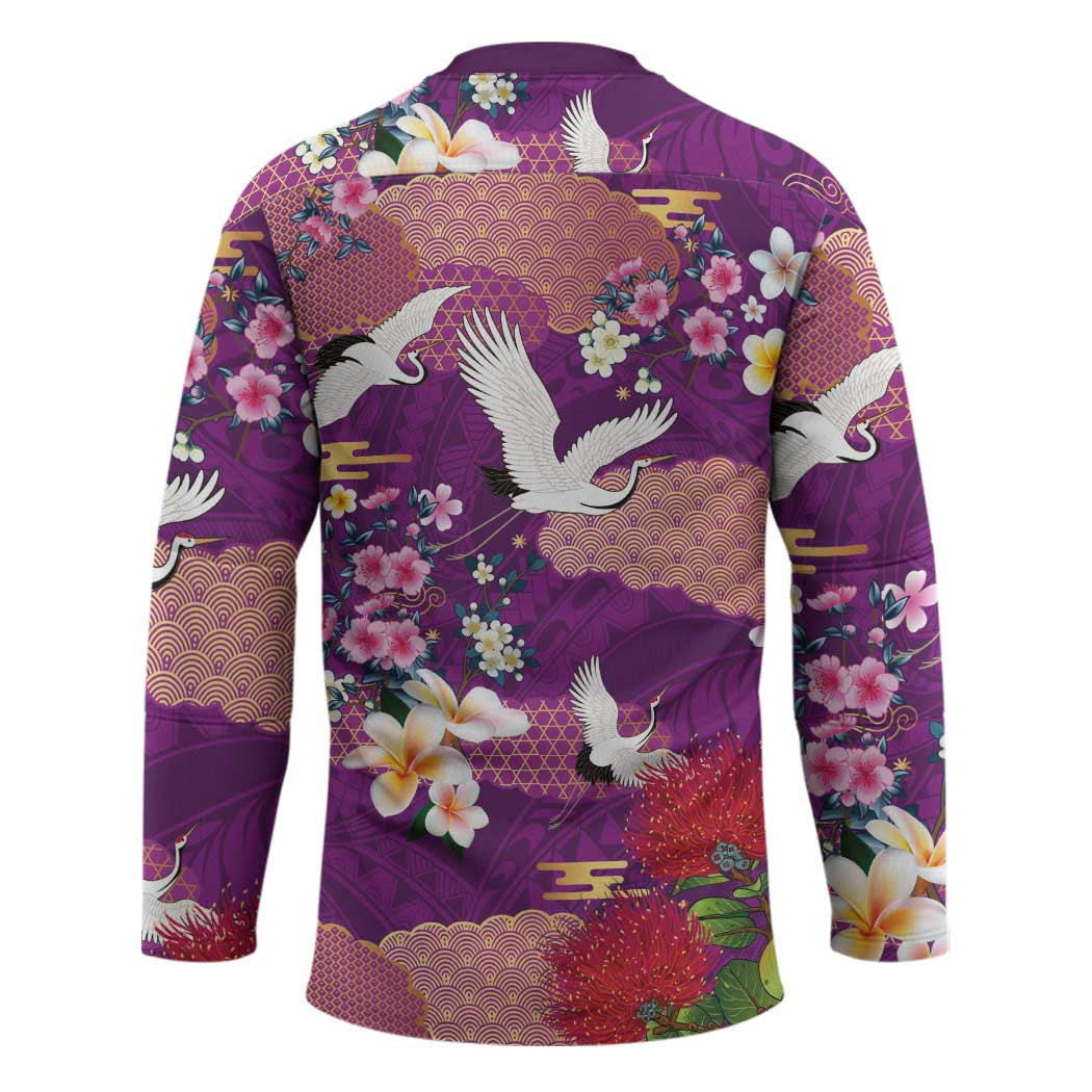 Hawaiian and Japanese Culture Together Hockey Jersey Purple Ohia Lehua Plumeria and Sakura Blooming - Polynesian Pride