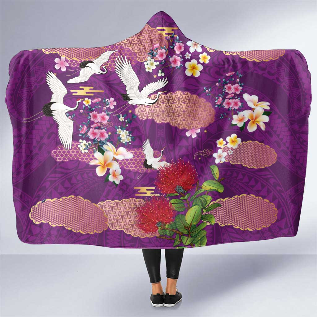 Hawaiian and Japanese Culture Together Hooded Blanket Purple Ohia Lehua Plumeria and Sakura Blooming - Polynesian Pride