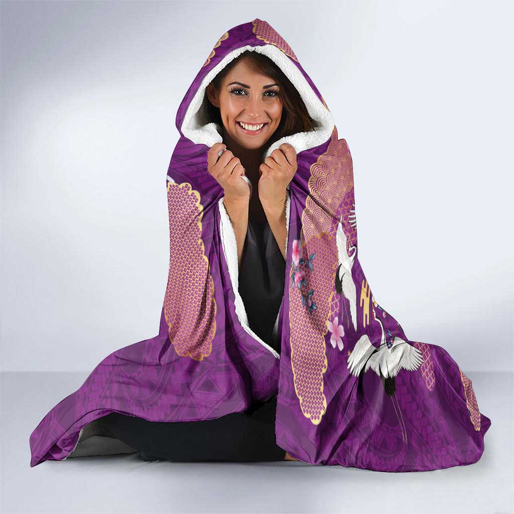 Hawaiian and Japanese Culture Together Hooded Blanket Purple Ohia Lehua Plumeria and Sakura Blooming - Polynesian Pride