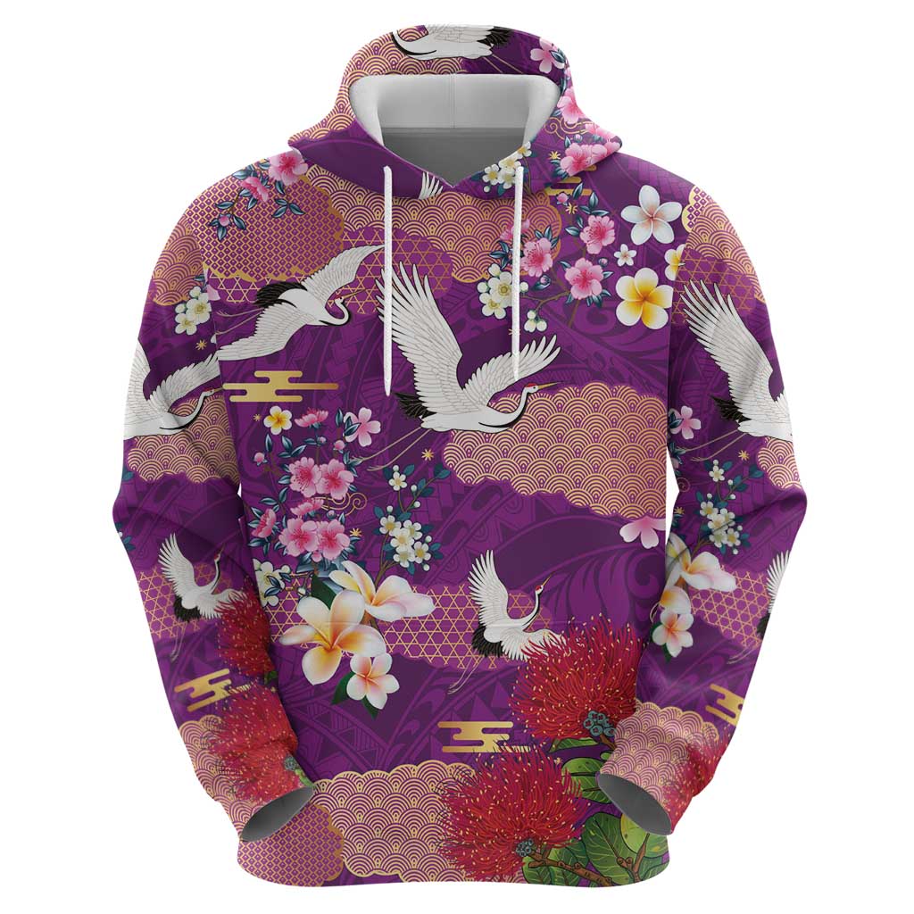 Hawaiian and Japanese Culture Together Hoodie Purple Ohia Lehua Plumeria and Sakura Blooming - Polynesian Pride