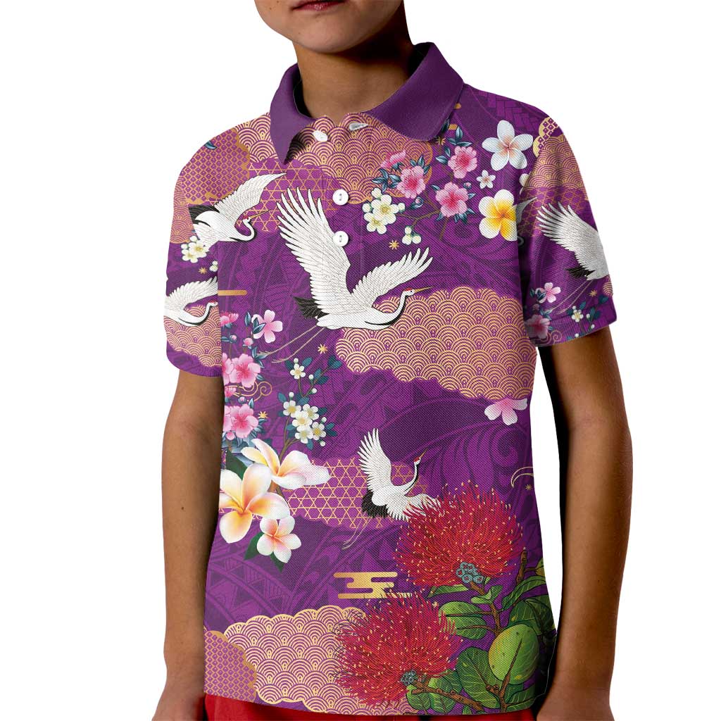 Hawaiian and Japanese Culture Together Kid Polo Shirt Purple Ohia Lehua Plumeria and Sakura Blooming - Polynesian Pride